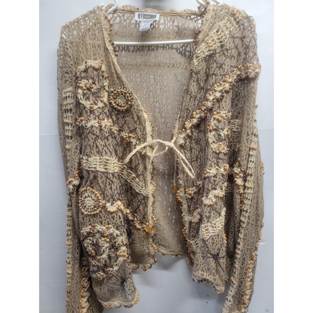 JL Studio 3X Beige Crochet Beaded Open Knit Cardigan Tie Front Boho 100 Cot